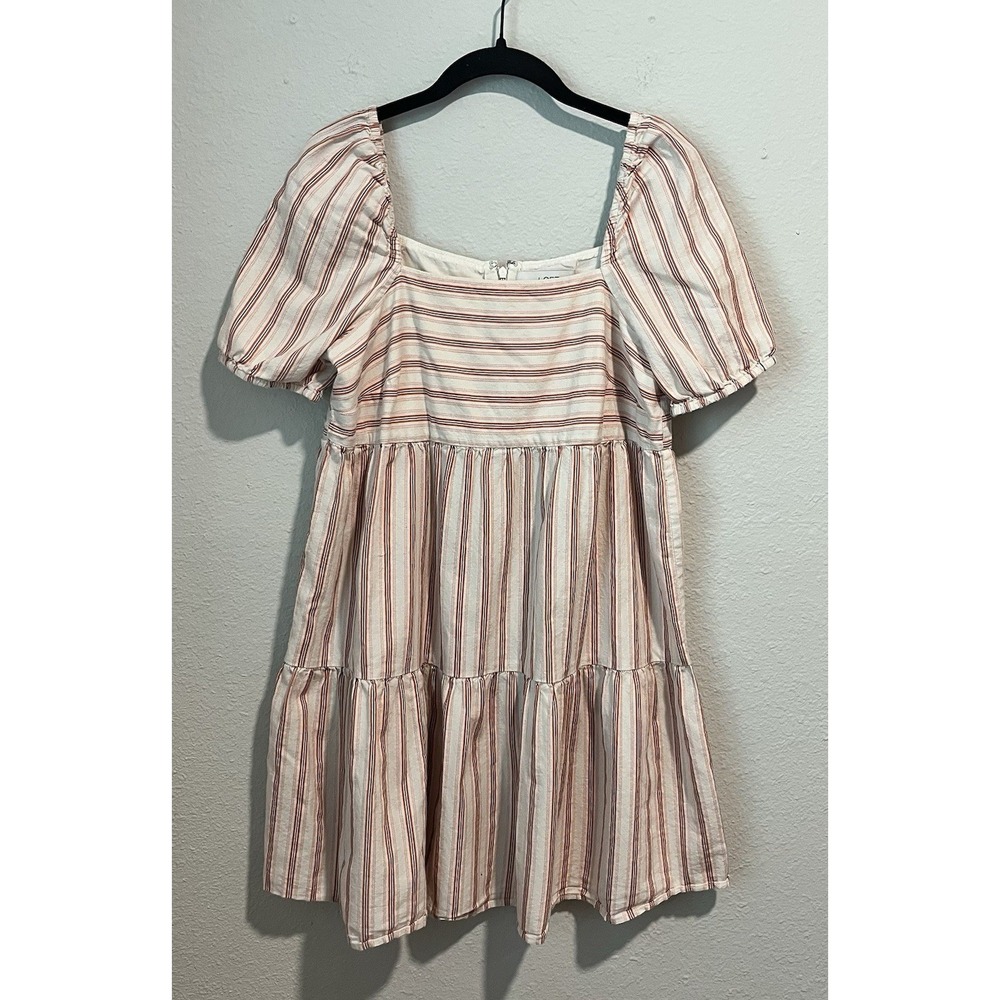 LOFT Women's Mini Dress Size 2 Red Pink Striped Puff Sleeve Babydoll Summery